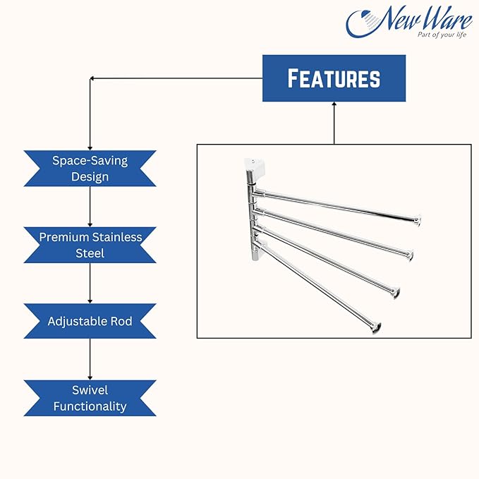 NEW WARE Stainless Steel 4 Bar Bathroom Swing Hanger Towel Bar Wall Mounted Adjustable 12 Inch Rod Space Saving Towel Holder