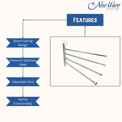 NEW WARE Stainless Steel 4 Bar Bathroom Swing Hanger Towel Bar Wall Mounted Adjustable 12 Inch Rod Space Saving Towel Holder