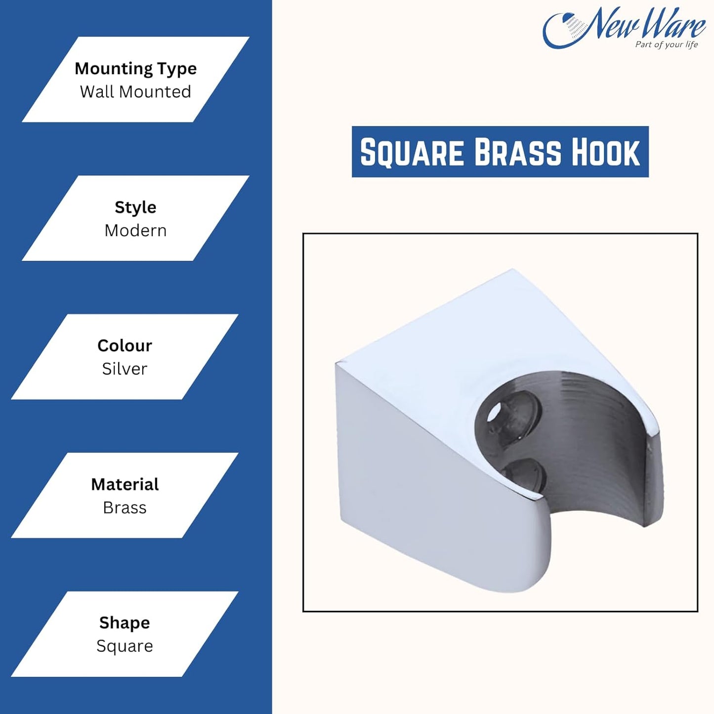 NEW WARE Brass Wall Hook for Faucet & Hand Shower | Square Health Faucet Holder | Chrome Finish Bathroom Accessory for Washrooms