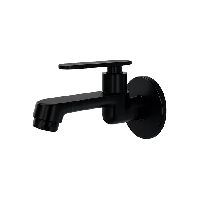 New Ware® Brass Bib Cock Tap Matte Black 5.5 Inch | Wall Mount Faucet with Flange | Bathroom Kitchen Sink Water Tap