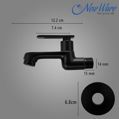 New Ware® Brass Bib Cock Tap Matte Black 5.5 Inch | Wall Mount Faucet with Flange | Bathroom Kitchen Sink Water Tap