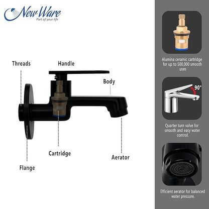 New Ware® Brass Bib Cock Tap Matte Black 5.5 Inch | Wall Mount Faucet with Flange | Bathroom Kitchen Sink Water Tap