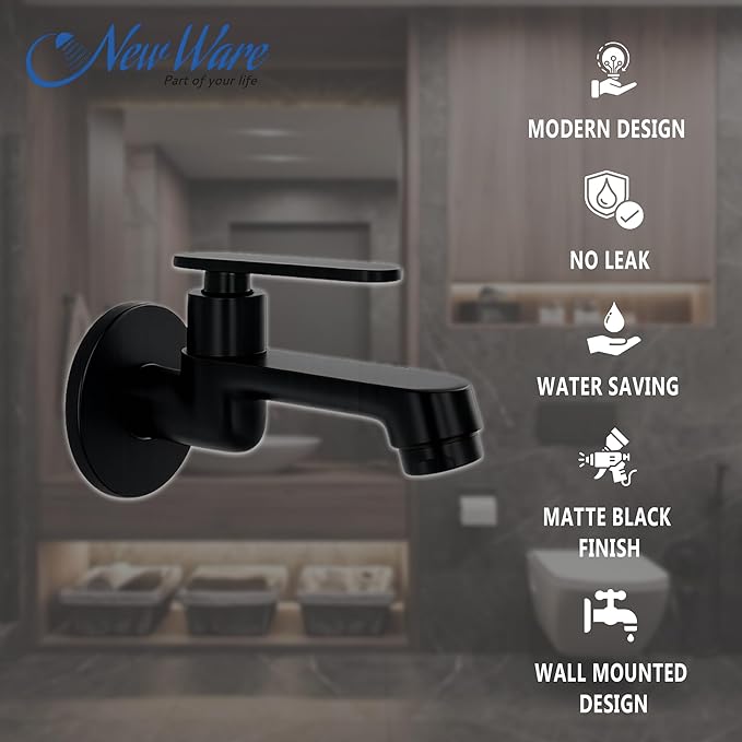 New Ware® Brass Bib Cock Tap Matte Black 5.5 Inch | Wall Mount Faucet with Flange | Bathroom Kitchen Sink Water Tap