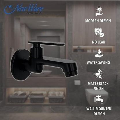 New Ware® Brass Bib Cock Tap Matte Black 5.5 Inch | Wall Mount Faucet with Flange | Bathroom Kitchen Sink Water Tap