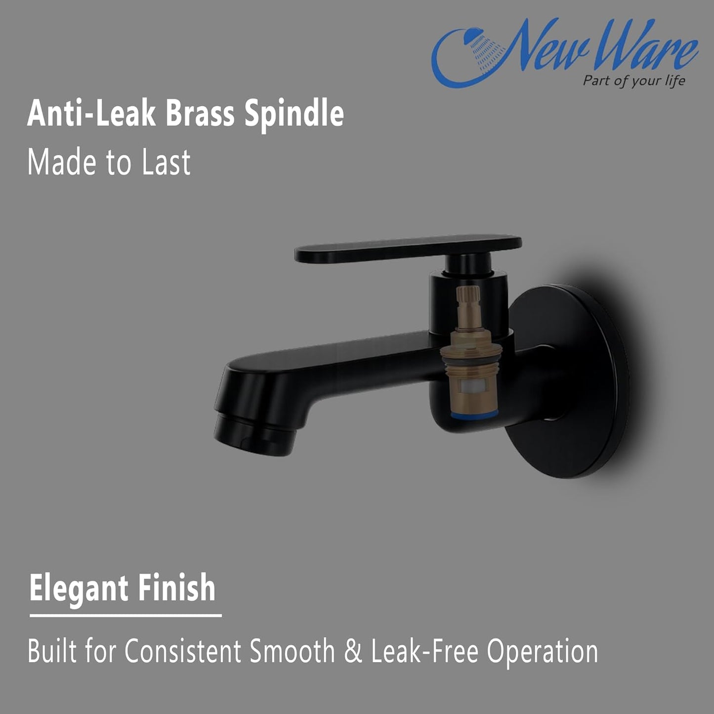 New Ware® Brass Bib Cock Tap Matte Black 5.5 Inch | Wall Mount Faucet with Flange | Bathroom Kitchen Sink Water Tap
