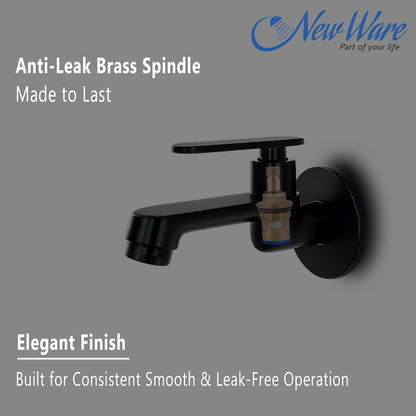 New Ware® Brass Bib Cock Tap Matte Black 5.5 Inch | Wall Mount Faucet with Flange | Bathroom Kitchen Sink Water Tap