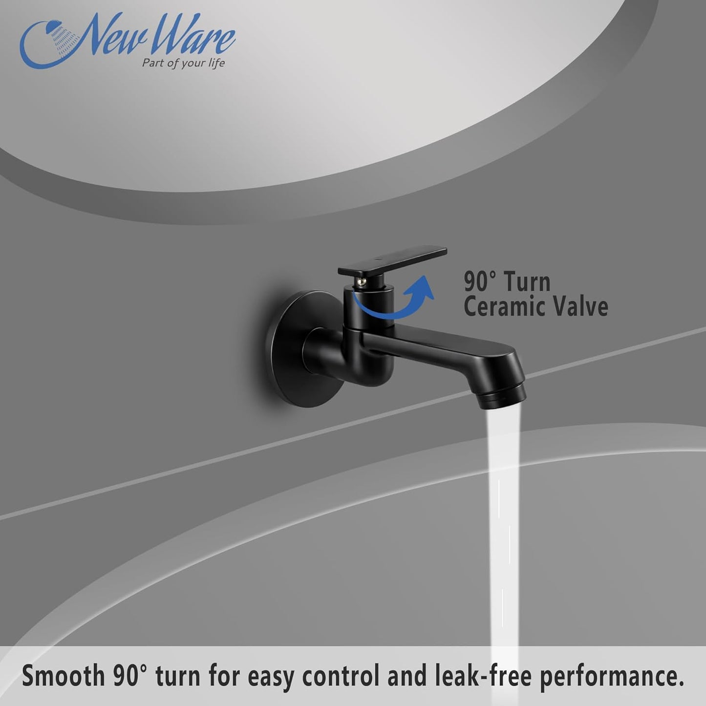 New Ware® Brass Bib Cock Tap Matte Black 5.5 Inch | Wall Mount Faucet with Flange | Bathroom Kitchen Sink Water Tap