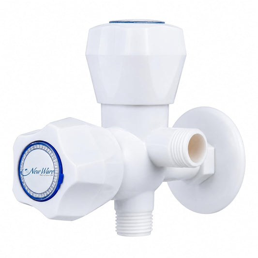 NEW WARE® PTMT Angle Cock 2 in 1 Water Tap Faucet | White Plastic Two Way Angle Cock for Bathroom & Kitchen | Dual Outlet Water Control Valve | Wall Mounted Plumbing Fitting | Durable Sanitary Tap