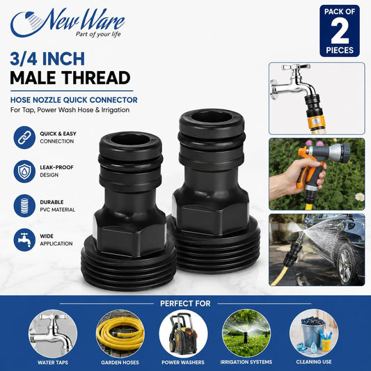 NEW WARE® PVC 3/4 Inch Male Thread Pipe Fitting Pack of 2 | Hose Nozzle Quick Connector for Tap Garden Irrigation Power Wash Hose Adapter Leak Proof Water Pipe Connector for Home Use Set Kit Pack