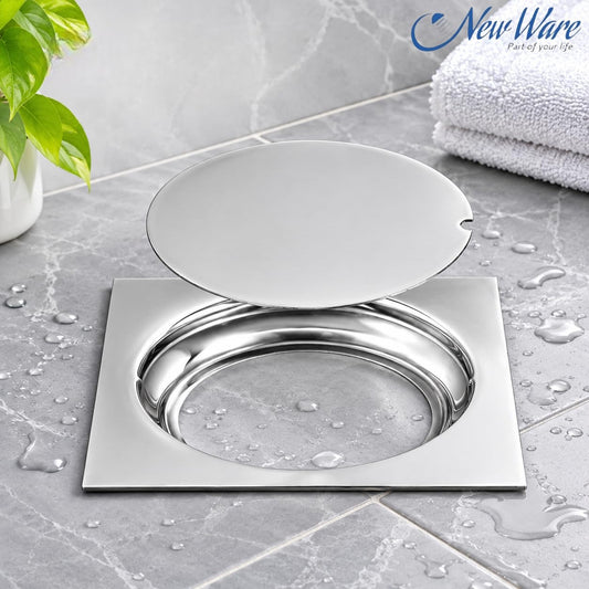 NEW WARE® Square 5 x 5 Inch Stainless Steel Bathroom Floor Drain Jali & Trap Cover | Chrome Finish Heavy Duty Water Drain Grating | Rust Resistant Floor Waste Cover for Bathroom, Kitchen & Balcony