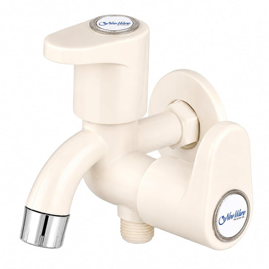 NEW WARE® 2-in-1 Bib Cock Tap with Wall Flange | Two Way Water Tap for Bathroom, Kitchen & Utility Area | Dual Outlet Wall Mounted Faucet | Household Plumbing Water Supply Tap | Durable Design