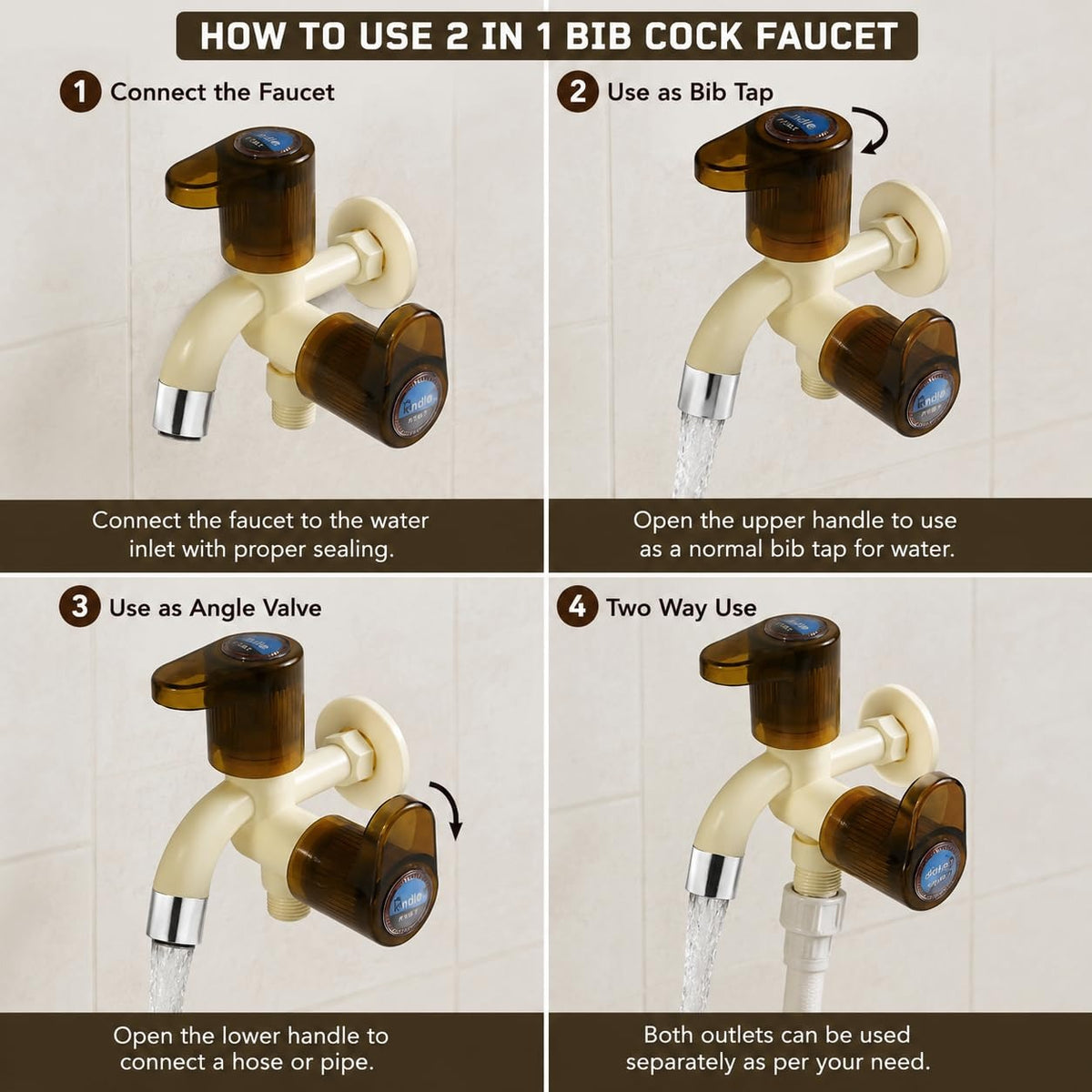 NEW WARE 2 in 1 BIB Cock Faucet with Wall Flange | Plastic City Collection Two Way Bib Tap Wall Mounted Tap for Bathroom Kitchen Washing Machine Utility Area | Dual Outlet Water Tap Leak Proof