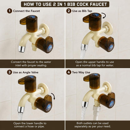 NEW WARE 2 in 1 BIB Cock Faucet with Wall Flange | Plastic City Collection Two Way Bib Tap Wall Mounted Tap for Bathroom Kitchen Washing Machine Utility Area | Dual Outlet Water Tap Leak Proof