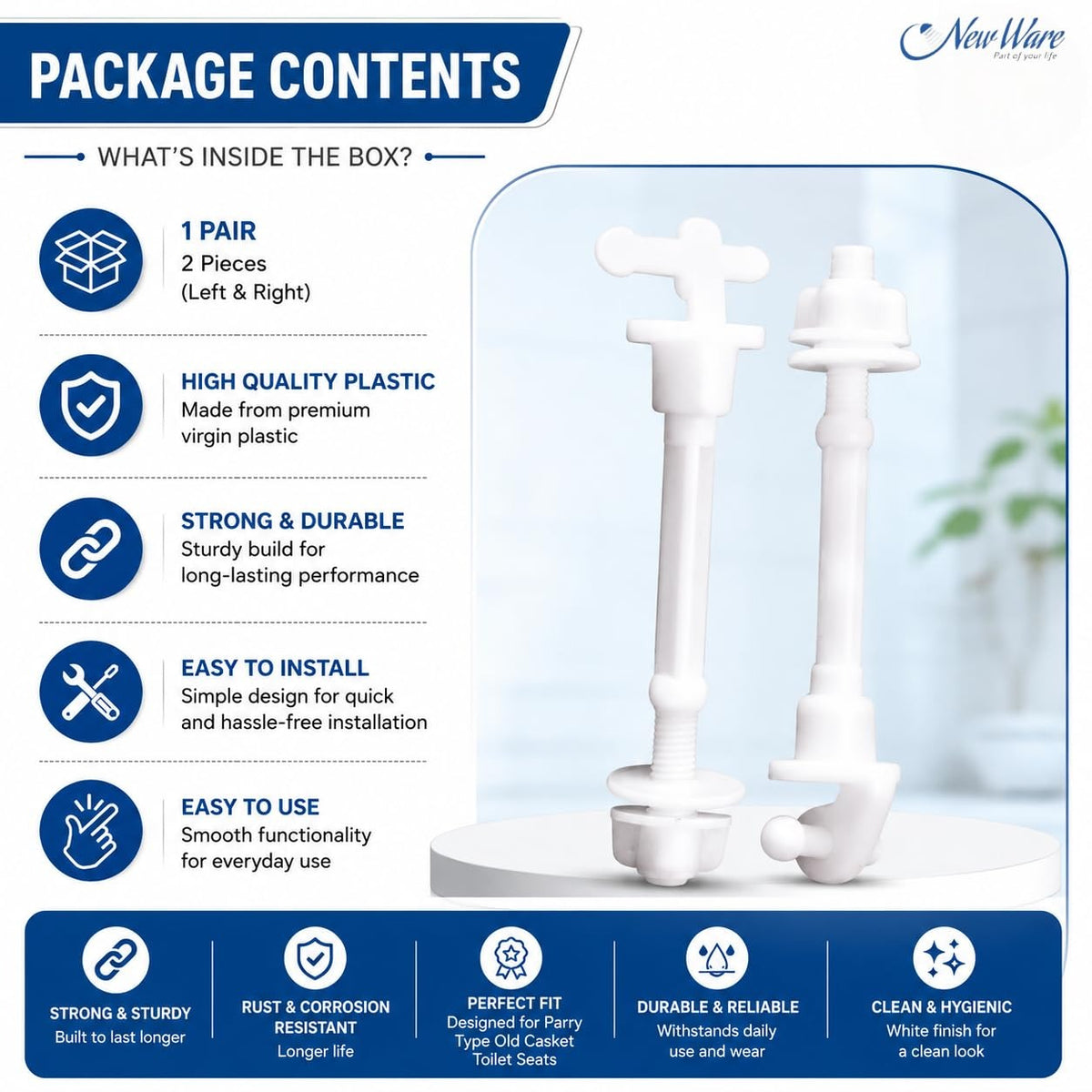 New Ware Plastic Toilet Seat Cover Hinges Hind Type Long Casket Design WC Seat Hinge Replacement Kit for Western Commode Durable Rust Free Bathroom Fitting Easy Install Universal White 1 Pair