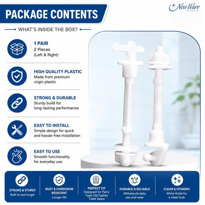 New Ware Plastic Toilet Seat Cover Hinges Hind Type Long Casket Design WC Seat Hinge Replacement Kit for Western Commode Durable Rust Free Bathroom Fitting Easy Install Universal White 1 Pair