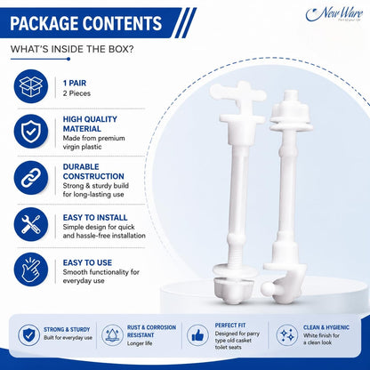 New Ware Plastic Toilet Seat Cover Hinges Hind Type Long Casket Design WC Seat Hinge Replacement Kit for Western Commode Durable Rust Free Bathroom Fitting Easy Install Universal White 1 Pair