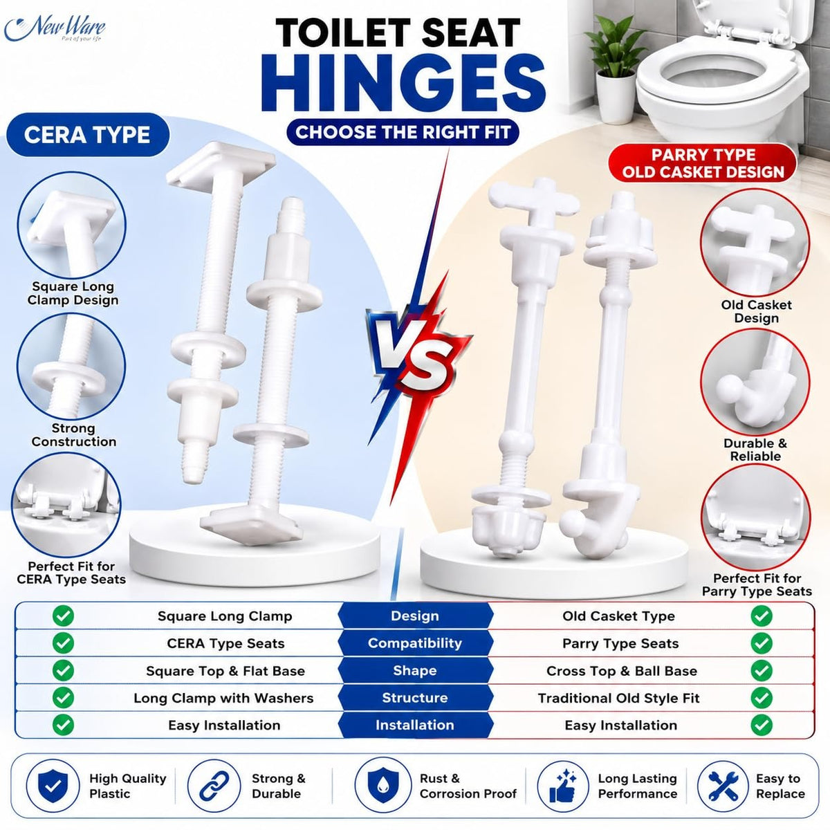 New Ware Plastic Toilet Seat Cover Hinges Hind Type Long Casket Design WC Seat Hinge Replacement Kit for Western Commode Durable Rust Free Bathroom Fitting Easy Install Universal White 1 Pair
