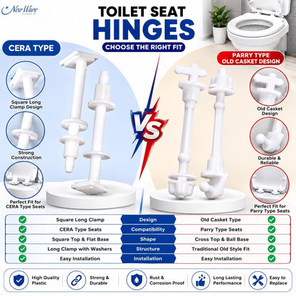 New Ware Plastic Toilet Seat Cover Hinges Hind Type Long Casket Design WC Seat Hinge Replacement Kit for Western Commode Durable Rust Free Bathroom Fitting Easy Install Universal White 1 Pair