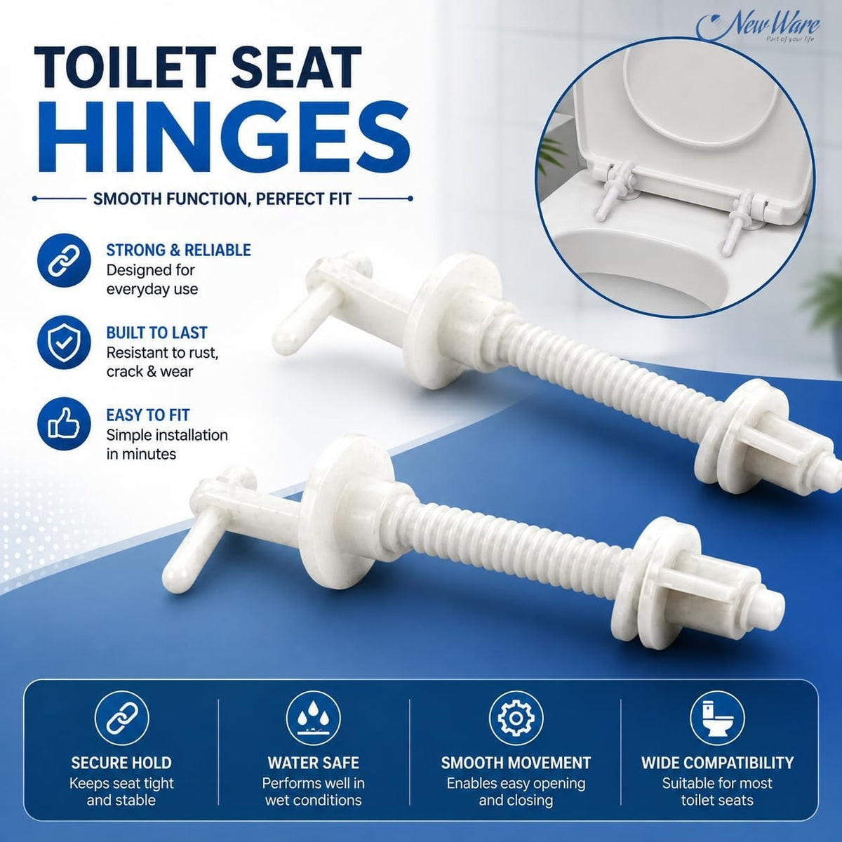 New Ware Plastic Toilet Seat Cover Hinges Hind Type Long Casket Design WC Seat Hinge Replacement Kit for Western Commode Durable Rust Free Bathroom Fitting Easy Install Universal White 1 Pair