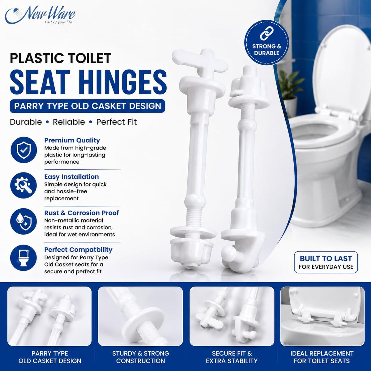 New Ware Plastic Toilet Seat Cover Hinges Hind Type Long Casket Design WC Seat Hinge Replacement Kit for Western Commode Durable Rust Free Bathroom Fitting Easy Install Universal White 1 Pair