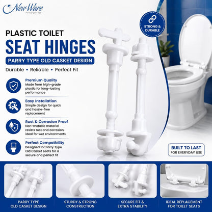 New Ware Plastic Toilet Seat Cover Hinges Hind Type Long Casket Design WC Seat Hinge Replacement Kit for Western Commode Durable Rust Free Bathroom Fitting Easy Install Universal White 1 Pair