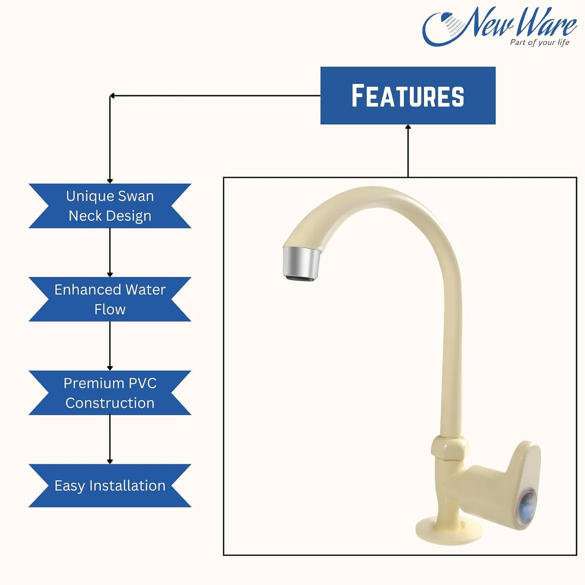 NEW WARE PVC Swan Neck Tap with Big Neck & Wall Flange | Plastic Sink Cock for Kitchen, Bathroom & Wash Basin