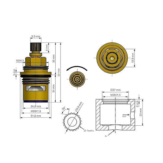 NEW WARE Brass Ceramic Disc Cartridge Ess Trend Type 1/2 Inch | Quarter Turn Faucet Valve for Hot & Cold Taps | Pack of 2