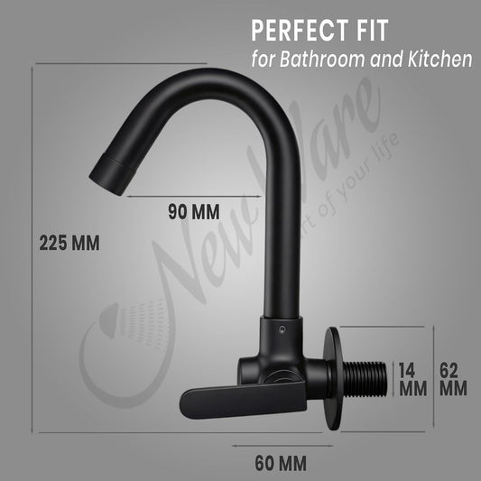 New Ware Bib Cock Brass Faucet | Matt Black Bib Tap for Bathrooms and Kitchen Sink Brass Taps for Home and Bathroom with Wall Flange (8.5 Inch)