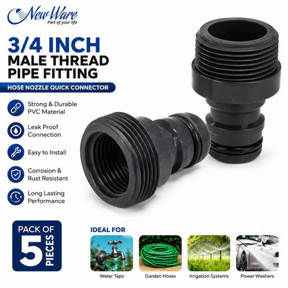 New Ware® PVC 3/4 Inch Pipe Fitting Tap Male Thread Adaptor-Water Hose Nozzle-Quick Male Connector Nozzle for Power Wash Hose Pipe, Faucet Hose Nozzle-Irrigation Nozzle Bracket Adapter (Pack of 5)
