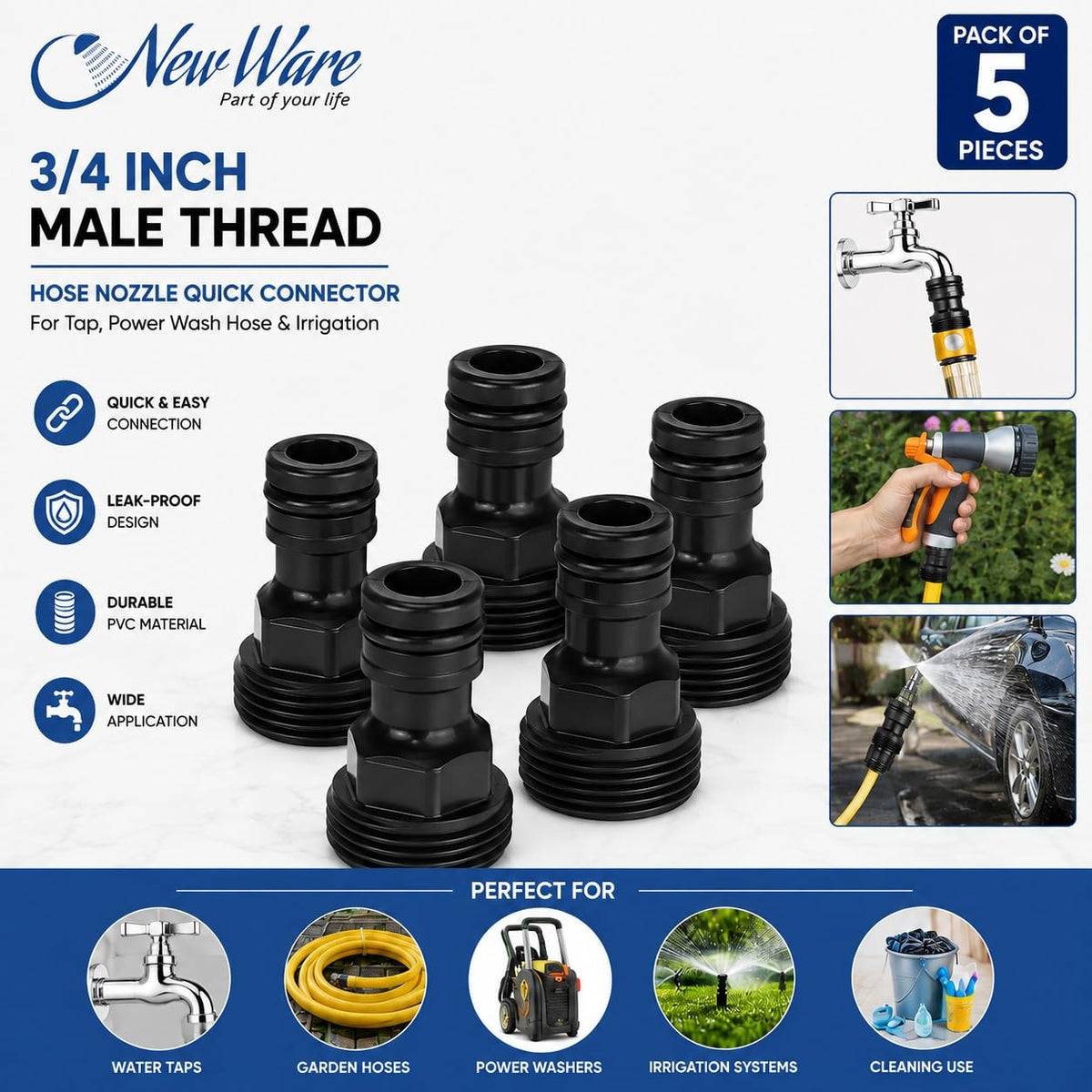 New Ware® PVC 3/4 Inch Pipe Fitting Tap Male Thread Adaptor-Water Hose Nozzle-Quick Male Connector Nozzle for Power Wash Hose Pipe, Faucet Hose Nozzle-Irrigation Nozzle Bracket Adapter (Pack of 5)