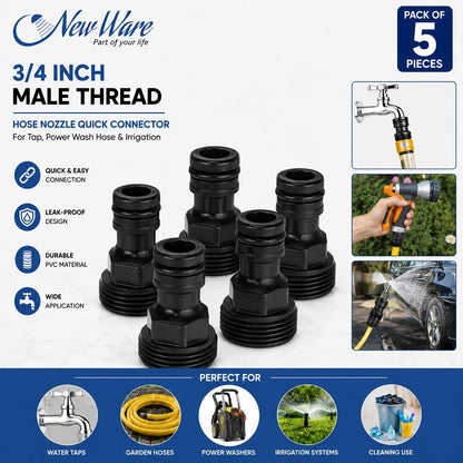 New Ware® PVC 3/4 Inch Pipe Fitting Tap Male Thread Adaptor-Water Hose Nozzle-Quick Male Connector Nozzle for Power Wash Hose Pipe, Faucet Hose Nozzle-Irrigation Nozzle Bracket Adapter (Pack of 5)