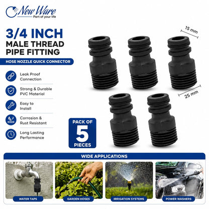 New Ware® PVC 3/4 Inch Pipe Fitting Tap Male Thread Adaptor-Water Hose Nozzle-Quick Male Connector Nozzle for Power Wash Hose Pipe, Faucet Hose Nozzle-Irrigation Nozzle Bracket Adapter (Pack of 5)
