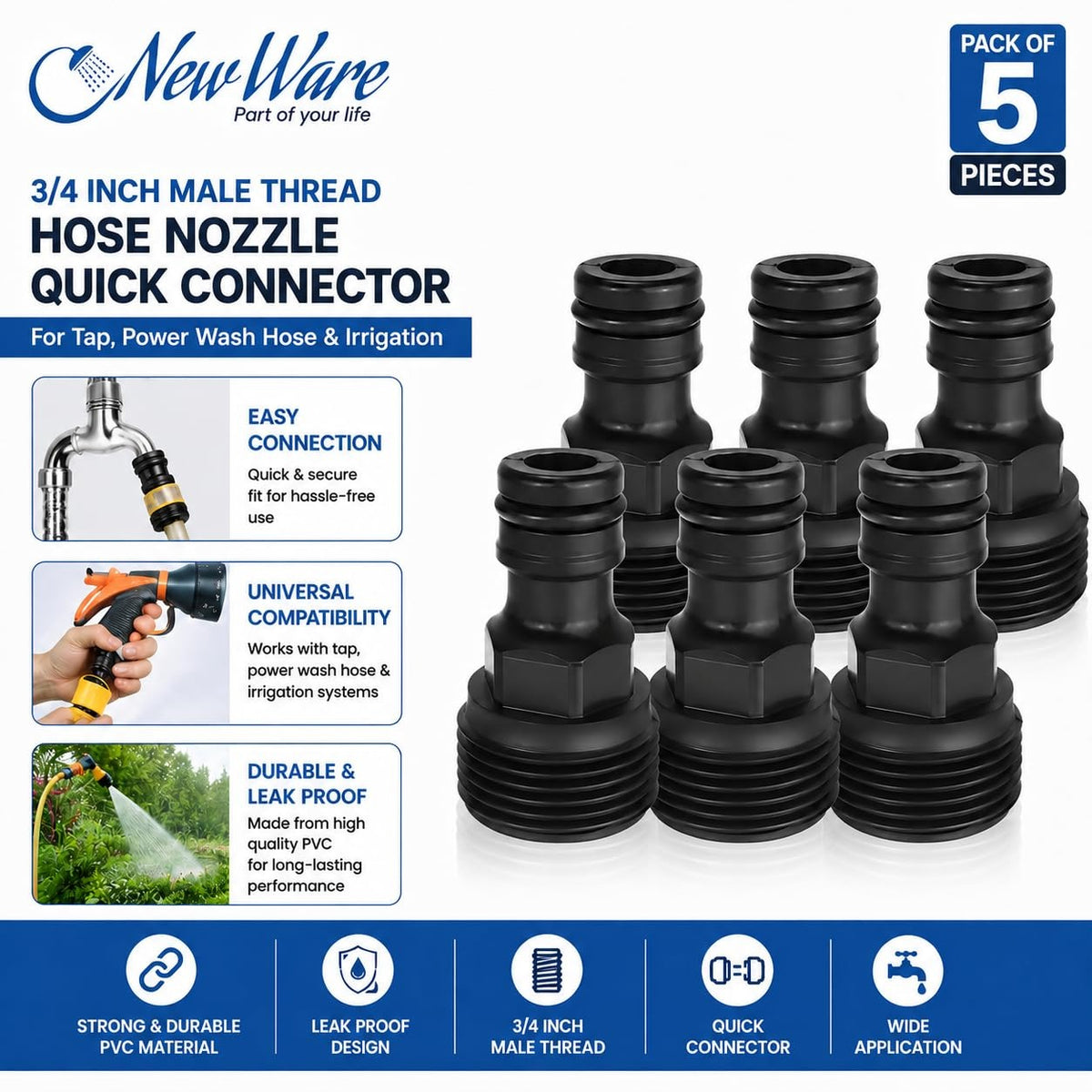 New Ware® PVC 3/4 Inch Pipe Fitting Tap Male Thread Adaptor-Water Hose Nozzle-Quick Male Connector Nozzle for Power Wash Hose Pipe, Faucet Hose Nozzle-Irrigation Nozzle Bracket Adapter (Pack of 5)