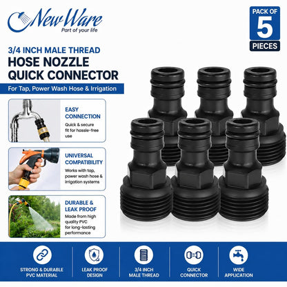 New Ware® PVC 3/4 Inch Pipe Fitting Tap Male Thread Adaptor-Water Hose Nozzle-Quick Male Connector Nozzle for Power Wash Hose Pipe, Faucet Hose Nozzle-Irrigation Nozzle Bracket Adapter (Pack of 5)