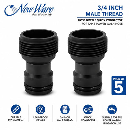 New Ware® PVC 3/4 Inch Pipe Fitting Tap Male Thread Adaptor-Water Hose Nozzle-Quick Male Connector Nozzle for Power Wash Hose Pipe, Faucet Hose Nozzle-Irrigation Nozzle Bracket Adapter (Pack of 5)