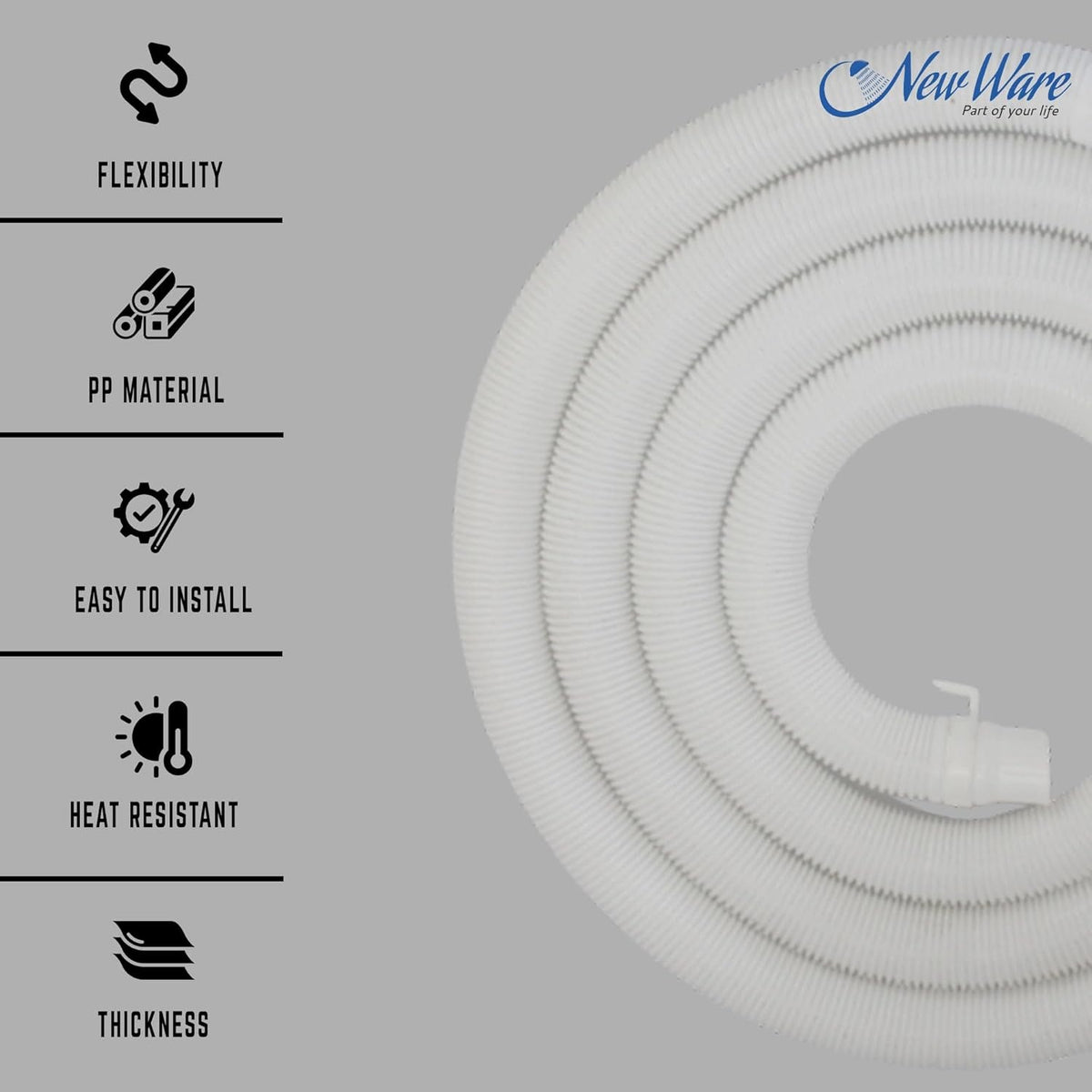 NEW WARE 8 Meter Washing Machine Outlet Pipe | Flexible Drain Hose Extension for Fully & Semi Automatic Machines