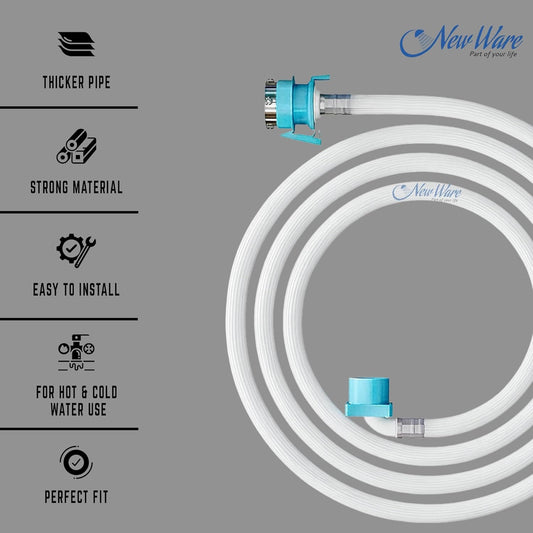 NEW WARE® 5 Meter PVC Washing Machine Inlet Hose Pipe | Textile Braided Water Supply Hose with ABS Connector & Tap Adapter | Compatible with Top & Front Load Machines | Flexible Durable Pipe Grey