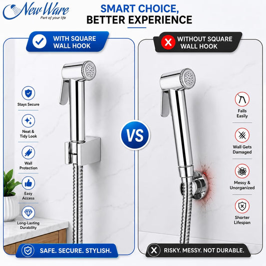 NEW WARE® Square Wall Hook for Faucet Gun, Health Faucet & Hand Shower | Zinc Wall Mounted Multi Purpose Holder | Rust Resistant Bathroom Hook for Toilet, Shower & Wash Basin | Pack of 2 Home Uses