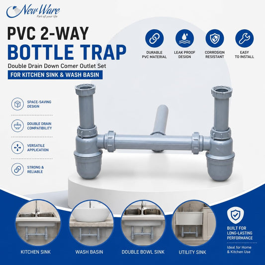 New Ware PVC 2-Way Bottle Trap for Kitchen Sink & Wash Basin | Double Drain Down Comer Outlet Set for Home & Kitchen