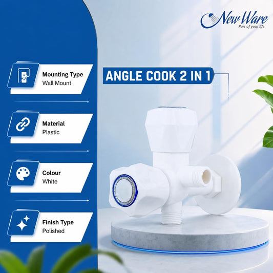 NEW WARE® PTMT Angle Cock 2 in 1 Water Tap Faucet | White Plastic Two Way Angle Cock for Bathroom & Kitchen | Dual Outlet Water Control Valve | Wall Mounted Plumbing Fitting | Durable Sanitary Tap