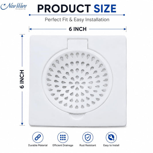 NEW WARE® 6x6 Inch Square Plastic Floor Drain Strainer with Lid White | Bathroom Kitchen Jali Cover, Anti-Clog Waste Drain Grating, Hair Catcher Shower Drain Trap for Balcony Utility Area Home Use