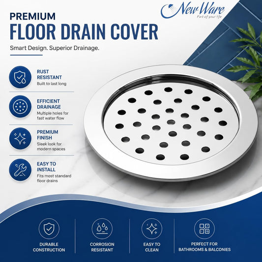 NEW WARE® 5 Inch Stainless Steel Round Floor Drain Jali | Cubic Flat Locking Heavy Duty Trap Cover | Rust Resistant Water Drain Cover for Bathroom, Kitchen, Balcony, Utility Area & Shower Drain Outlet