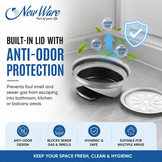 NEW WARE® 5 x 5 Inch Stainless Steel Cockroach Trap Floor Drain with Lid | Round Anti Insect & Anti Odor Bathroom Jali | Pest Blocking Drain Cover for Bathroom Kitchen Shower Floor | Durable Design