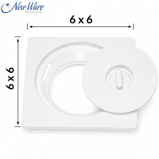 NEW WARE® 6 x 6 Inch Square Plastic Shower Floor Drain Strainer with Lid White | Bathroom Kitchen Drain Cover Jali | Anti Clog Hair Catcher Waste Trap Cover | Lightweight Durable Floor Drain