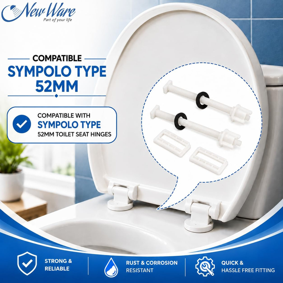 NEW WARE® Soft Closing Toilet Seat Cover Hinges Set 52mm for Jaquar & Sympolo Type | Slow Close Mechanism | Durable Rust Free Plastic Replacement Fittings for Western Toilet Seats White Universal Fit