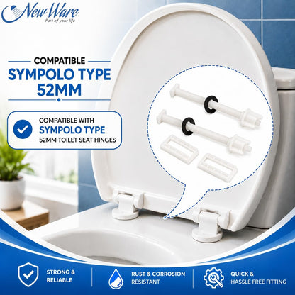 NEW WARE® Soft Closing Toilet Seat Cover Hinges Set 52mm for Jaquar & Sympolo Type | Slow Close Mechanism | Durable Rust Free Plastic Replacement Fittings for Western Toilet Seats White Universal Fit