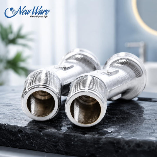 NEW WARE® Adjustable Wall Mixer Legs 1/2 x 3/4 Inch | Silver Extension Legs for Bathroom Mixer Taps | Brass Plumbing Connector Pair for Wall Mounted Faucet, Shower Mixer & Water Line Installation