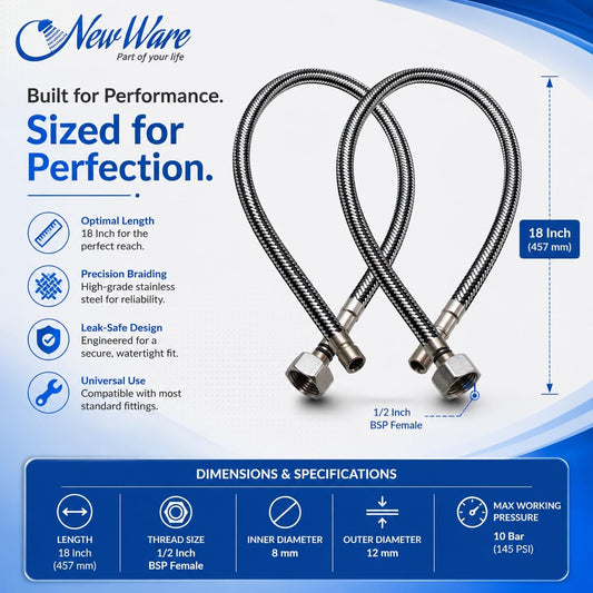 Connection Pipe for Wash Basin & Kitchen Sink | Aluminum Wall Mixer Connector for Hot & Cold Water Faucet | Flexible Plumbing Hose for Bathroom & Kitchen | Pack of 2