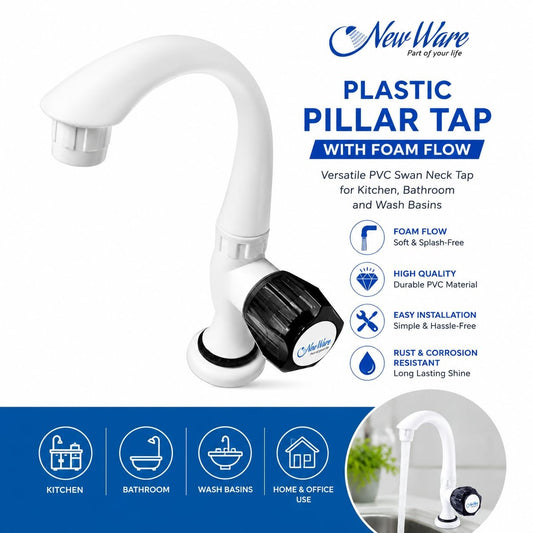 New Ware Plastic Pillar Tap with Foam Flow PVC Swan Neck Faucet for Kitchen Bathroom Wash Basin Tap Single Lever Water Tap Sink Cock Leak Proof Durable Easy Install White Premium Quality Finish
