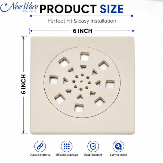 NEW WARE® Water Drain Plain Jali 6 x 6 Inch | ABS Shower Floor Drainer for Bathroom & Kitchen | Crystal ABS One Piece Locking Floor Drain Cover | Heavy Duty Anti-Clog Drain Grating for Wash Area